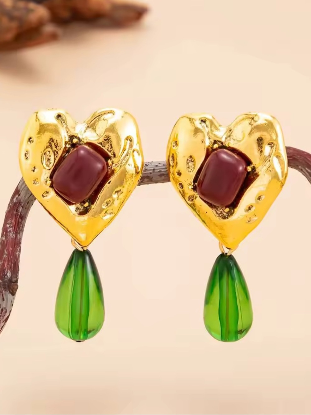 Gold Heart Drop Earrings with Green Teardrop and Burgundy Accent
